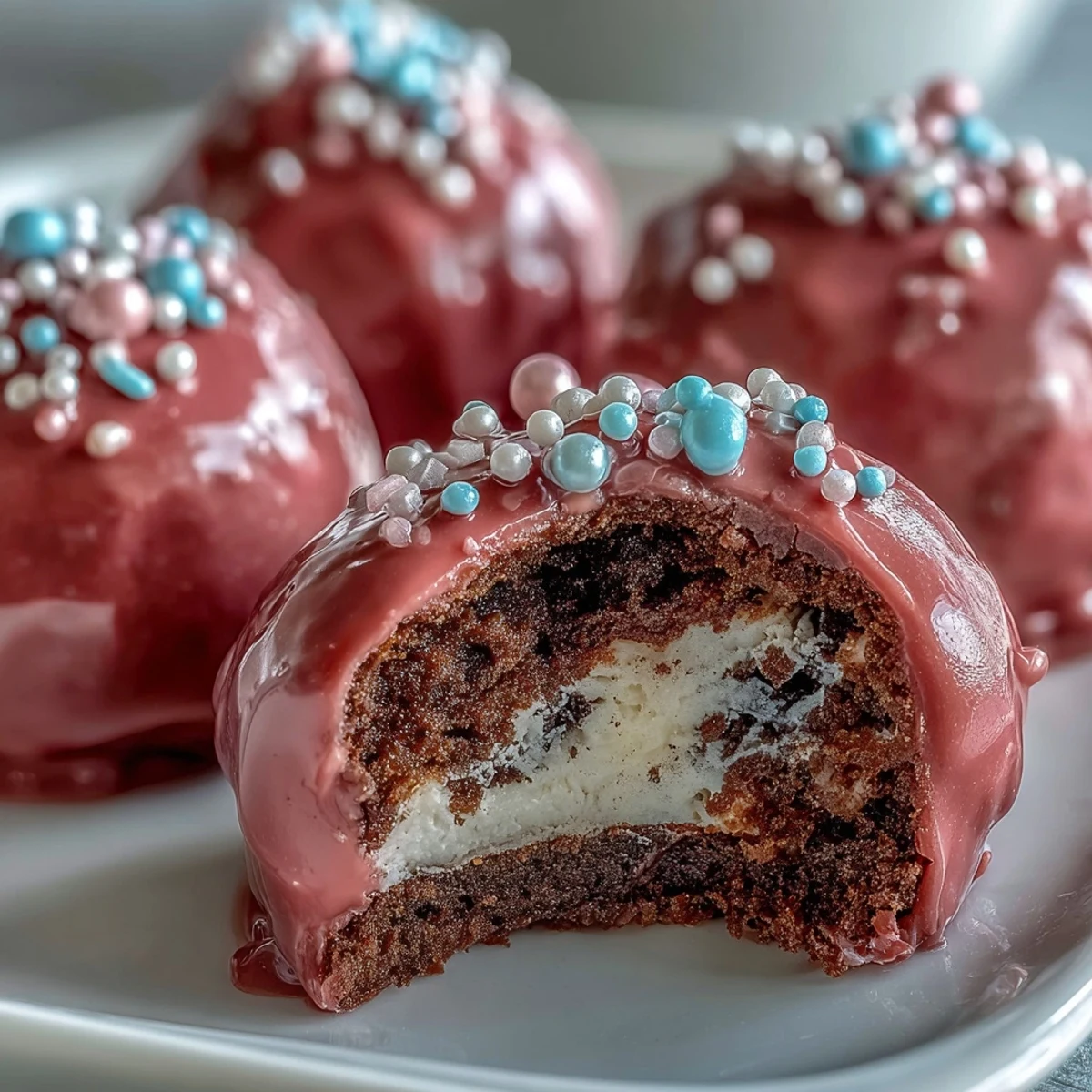 Oreo Truffle Balls with Pink Candy Coating sit on a marble slab, their glossy pink shell and edible pearls catching the light.