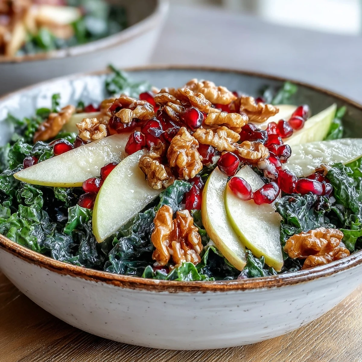 Fresh kale and pomegranate bowl with crisp apple slices and glistening walnuts.