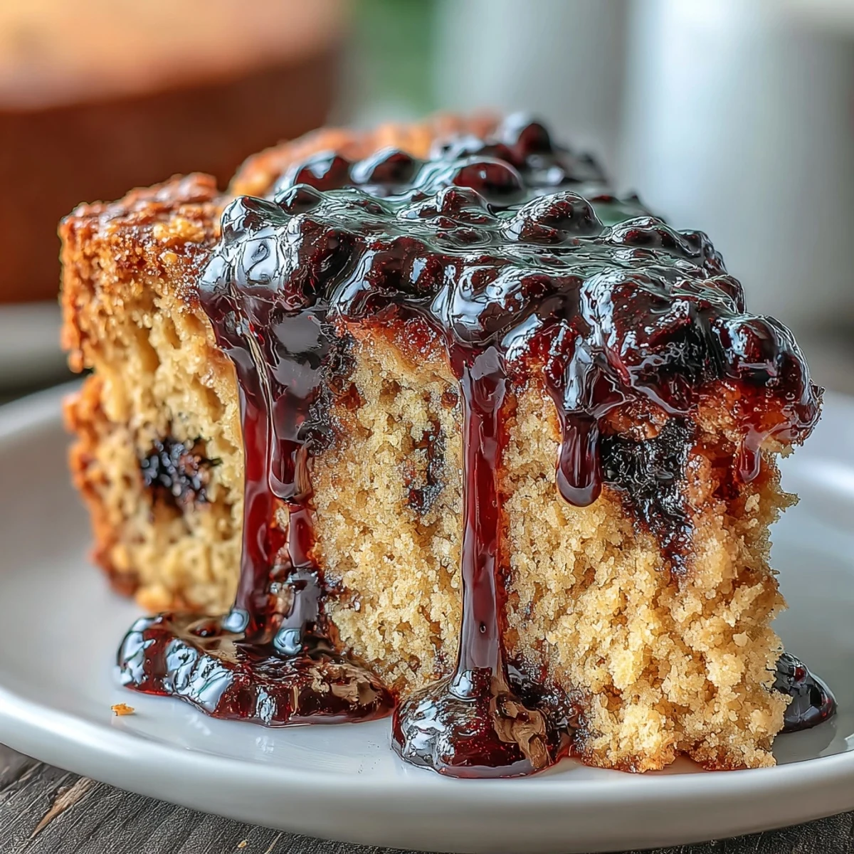 A close-up of a sliced PB and J Cake with Black Currant Sauce showing the moist peanut butter crumb and vibrant jammy center.