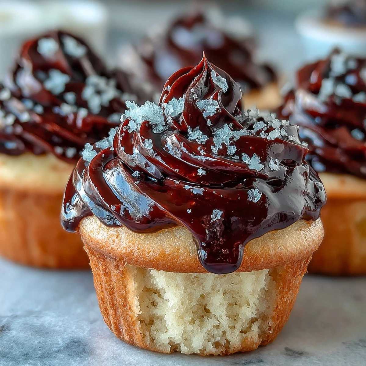 Moist Olive Oil Cupcakes topped with swirls of tangy black currant frosting are displayed on a wooden board.