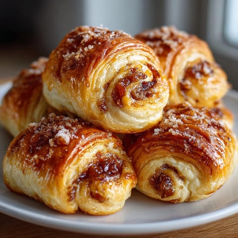 Close-up of flaky Rugelach Pastries filled with apricot and nuts, ready to serve warm.