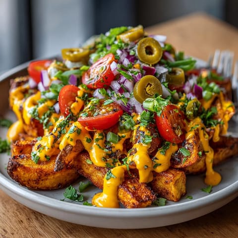 Tangy cashew cheese drizzles over crispy oven-baked vegan loaded "cheese" fries.