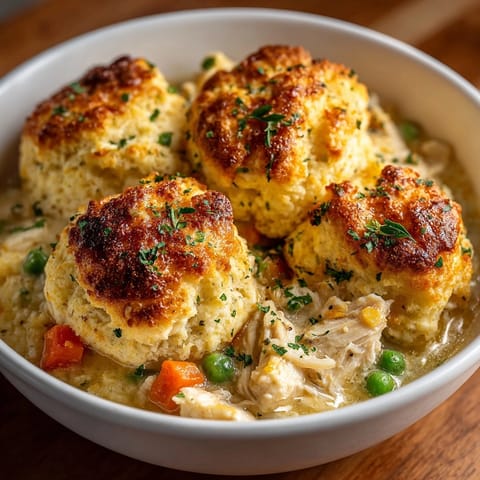 Creamy chicken cobbler with golden brown Cheddar Bay biscuits, parsley, and garlic butter.