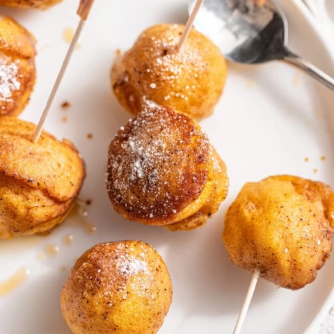 Deliciously spiced pumpkin muffin pancake pops ready for dipping in chocolate.  