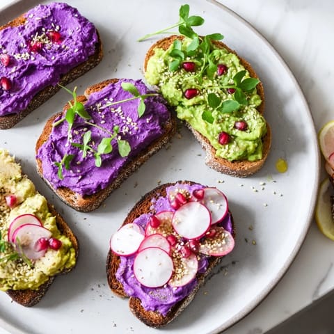 Deliciously layered Bright & Bold Breakfast Toasts featuring ube, avocado, and crunchy garnishes.  