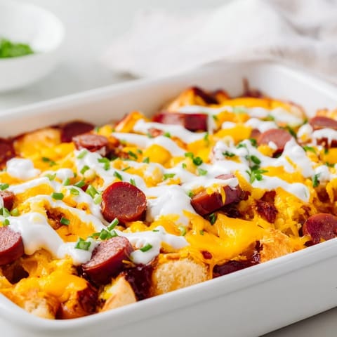 Baked chili dog casserole with savory hot dogs and creamy cheddar, a crowd favorite.  