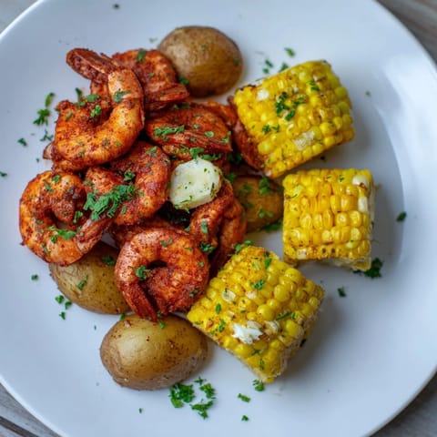 Get ready for a delicious Cajun Shrimp & Sweet Corn Platter showcasing plump shrimp, corn, and red bell peppers with herbs.