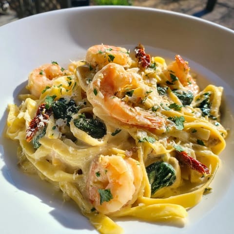 Close-up of Tuscan Garlic Shrimp Pasta: a vibrant dish with sun-dried tomatoes and fresh parsley.