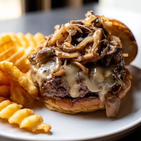 A close-up of a Mushroom Swiss Burger showcasing the melted cheese and flavorful sautéed mushrooms and fries.