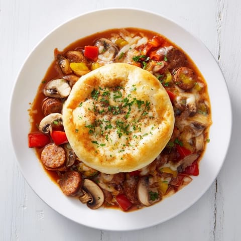 Golden, baked pizza dough topping the savory Pizza Pot Pie Soup mashup, a comforting meal.