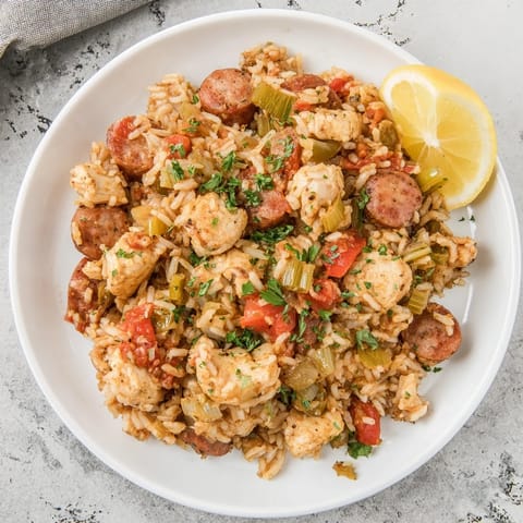 This delicious Simple Chicken and Sausage Jambalaya Bake shows off fluffy rice with colorful vegetables and savory meats.