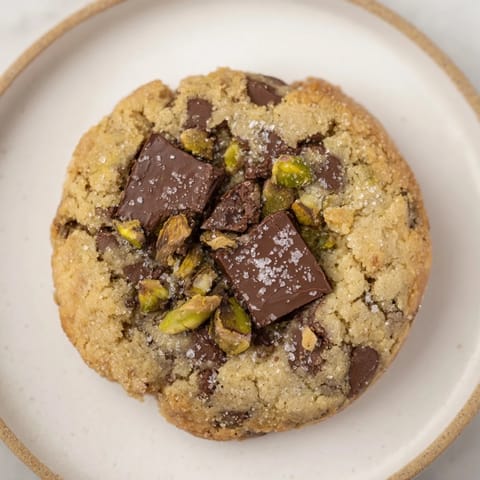 Golden, crisp Salted Pistachio Chocolate Chunk Shortbread, speckled with pistachios and dark chocolate, freshly baked.