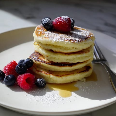 Freshly cooked Lemon Ricotta Pancakes, garnished with bright berries and a dusting of powdered sugar.