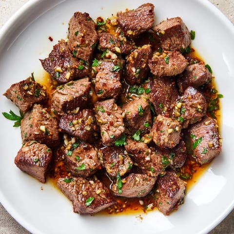Vibrant image of Garlic Butter Steak Bites, perfectly seared and coated in a rich garlic butter sauce.