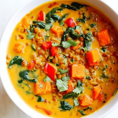 Creamy, flavorful Lentil Red Curry Soup with tender vegetables, perfect for a warming, easy dinner.