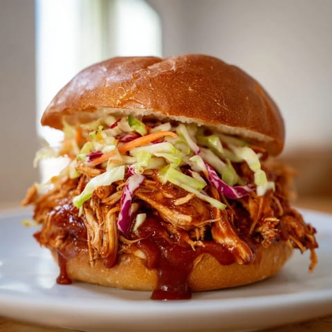 A close-up shot shows tender shredded chicken in rich barbecue glaze nestled on a soft bun beside a colorful, vinegar-based slaw.