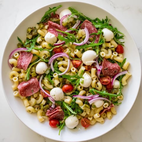 Fresh Spring Antipasto Pasta Salad served in a white bowl, ready for spring gatherings with bright herbs and a vibrant Mediterranean feel.  