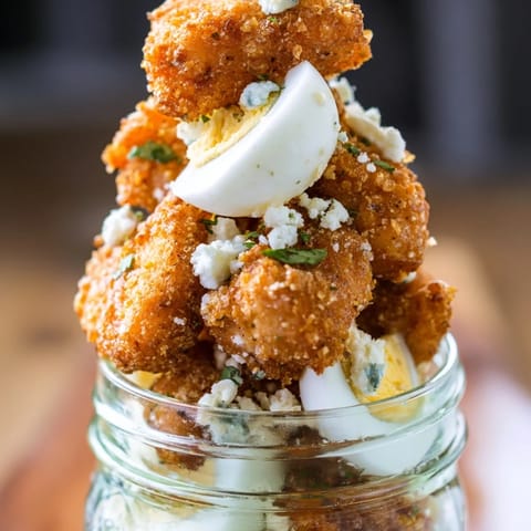 The Crispy Chicken Cobb Jar Salad features colorful layers of bacon, hard-boiled egg, cherry tomatoes, and blue cheese in a glass jar.