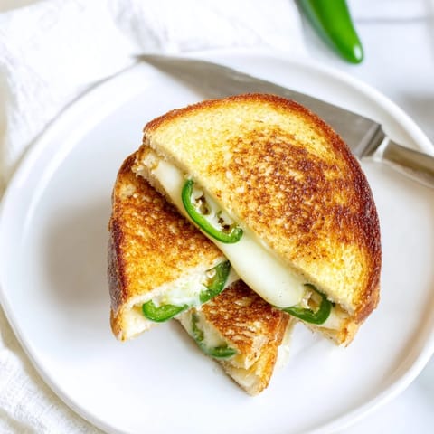 A close-up of a crispy, golden-brown Jalapeño Havarti Grilled Cheese, showing melted cheese and vibrant green pepper rings on a rustic cutting board.  