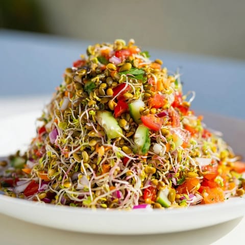 An overhead view of a fresh Sprouted Seed Salad in a white bowl, showcasing crisp radish sprouts, grated carrots, and chopped cilantro for a healthy vegan side dish.