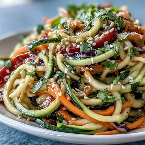 Cool, crisp Raw Vegetable Noodle Salad with a bright, tangy sesame-ginger dressing.