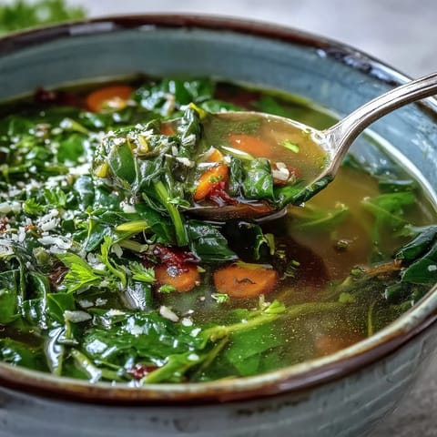 Hearty Swiss Chard Soup simmered in a pot with garlic and a light broth, topped with fresh parsley and optional Parmesan cheese.