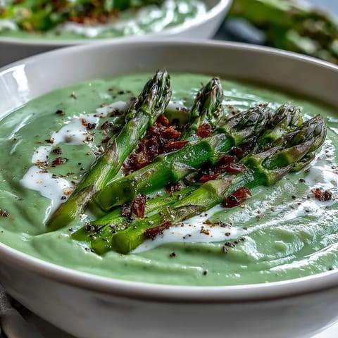 Golden Asparagus Soup puree, made with leeks and potato, topped with crisp blanched asparagus tips in a rustic setting.