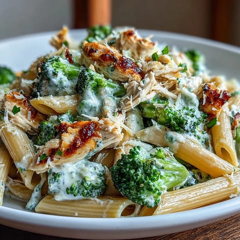A close-up of High Protein Rotisserie Chicken Broccoli Pasta garnished with fresh parsley and extra Parmesan, steam rising.  