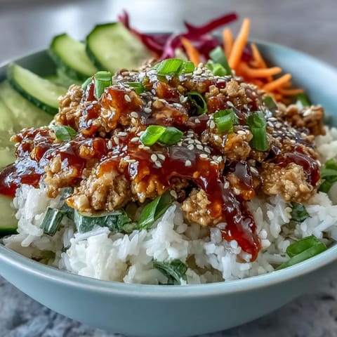 Spicy-sweet Bang Bang Ground Turkey Rice Bowls topped with sesame seeds, scallions, and fresh lime wedges. 
