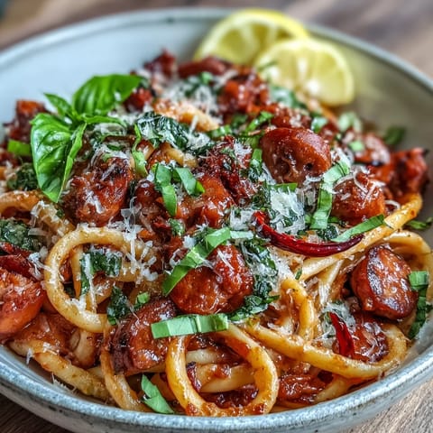 Steaming Italian Drunken Noodles with spicy sausage and sweet cherry tomatoes tossed in a bold red wine sauce.