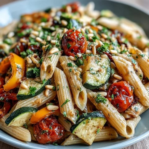 Fork twirling whole wheat pasta with colorful roasted zucchini, bell peppers, and onion in a rich, velvety white bean sauce.