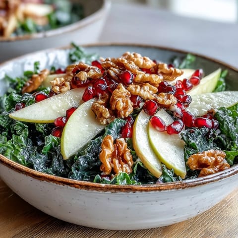 Fresh kale and pomegranate bowl with crisp apple slices and glistening walnuts.