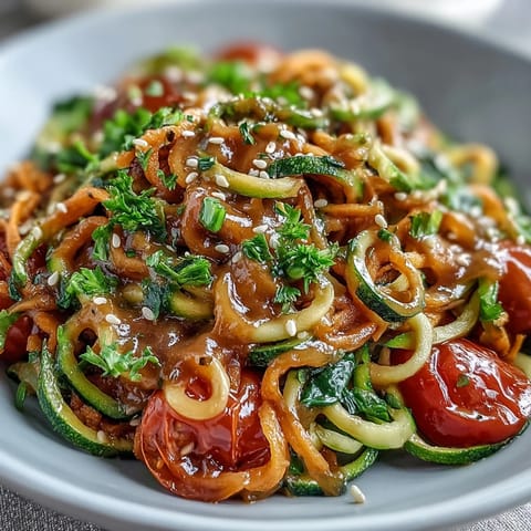 Freshly spiralized zucchini and sweet potato noodles topped with cherry tomatoes and herbs, drizzled with a tangy lemon-tahini dressing.