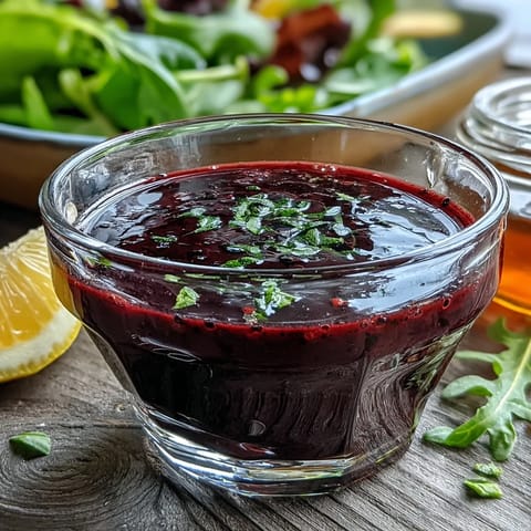 A glass jar of homemade Black Currant Vinaigrette with a deep purple hue and visible shallot specks.