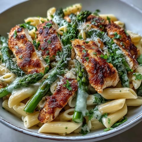 A skillet of Crispy Parmesan Asparagus Chicken Pasta shows a velvety Parmesan sauce coating rigatoni, with lemon zest and juicy chicken for a bright, savory meal.
