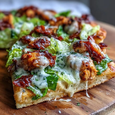 Golden Garlic Naan Chicken Caesar Pizzas topped with crisp romaine and melted mozzarella.