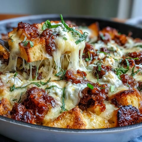 Steaming from the oven in a cast-iron skillet, this Cheesy Garlic Bread Lasagna Skillet is ready to serve.