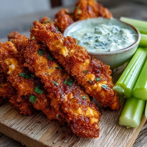 Crispy keto Buffalo Ranch chicken tenders garnished with fresh chives, served with creamy ranch dip and celery sticks.