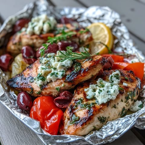 Easy Greek chicken and veggie foil packets with lemon and oregano, showcasing tender chicken breast, fresh vegetables, and savory feta cheese for a healthy dinner.  
