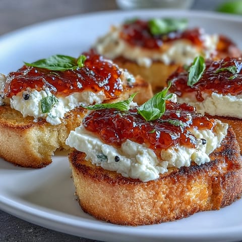 Crispy toasted baguette slices layered with tangy goat cheese and bold chili jam, perfect for sharing at any gathering.  