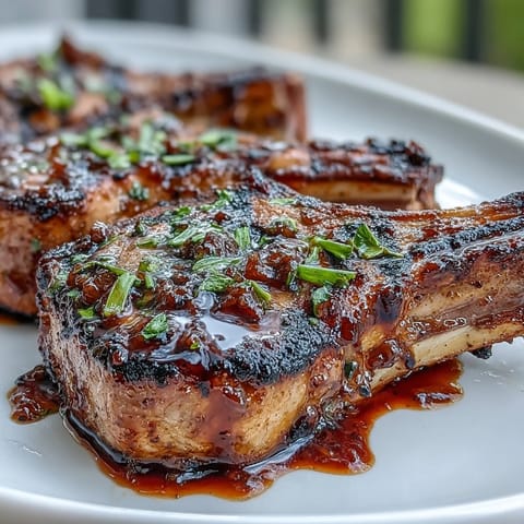 Tender lamb chops served on a plate, topped with glossy onion jam and fresh thyme for an elegant dinner.  