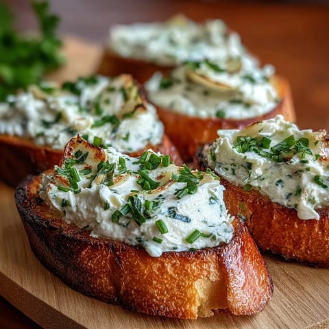 Creamy roasted garlic and herb butter spread on toasted crostini with fresh parsley and chives.  