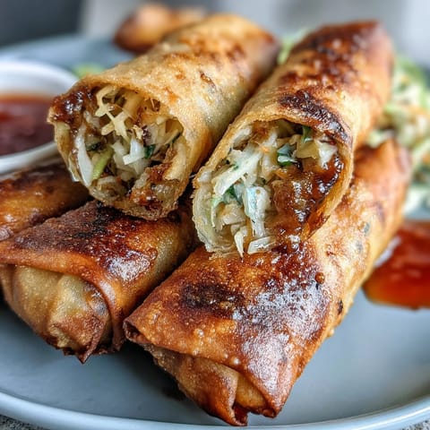 Golden brown spring rolls bursting with cabbage, carrots, and mushrooms, accompanied by a tangy-sweet chili dipping sauce.  