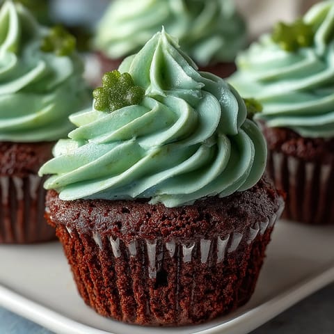 Festive green velvet cupcakes with creamy vanilla frosting, perfect for St. Patrick's Day celebrations and dessert tables.