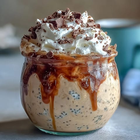 Creamy vanilla bean frappuccino overnight oats in a jar, topped with whipped cream and chocolate shavings for a dessert-inspired breakfast.