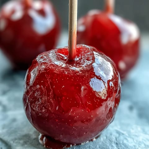 Festive red candy apples on wooden sticks, perfect for parties, holidays, and autumn celebrations.  