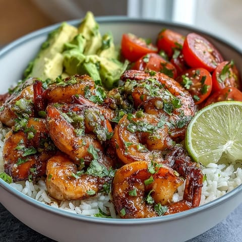Vibrant lemon garlic shrimp bowls with juicy shrimp, fresh vegetables, and fluffy brown rice in a healthy meal prep bowl.