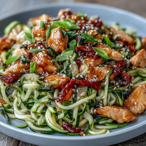 Healthy Easy Zucchini Noodle Stir Fry with Chicken in a vibrant Asian-inspired sauce, loaded with colorful vegetables and tender chicken slices.