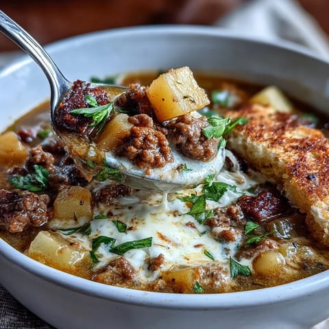 Hearty Shepherds Pie Soup with ground beef, veggies, and potatoes in a savory broth, perfect for a cozy dinner.
