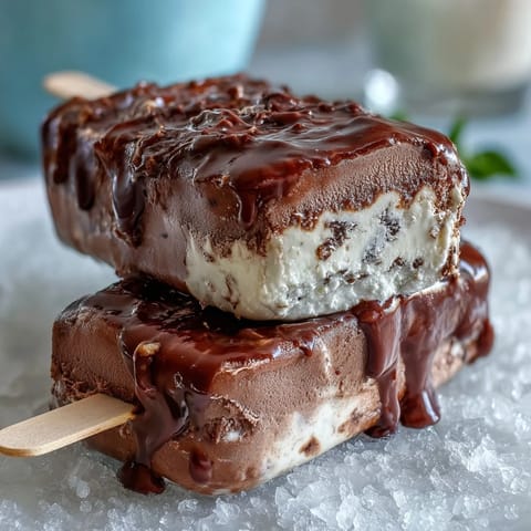 Creamy vanilla bean frappuccino fudge pops with a rich chocolate fudge layer, perfect for a cool summer treat.
